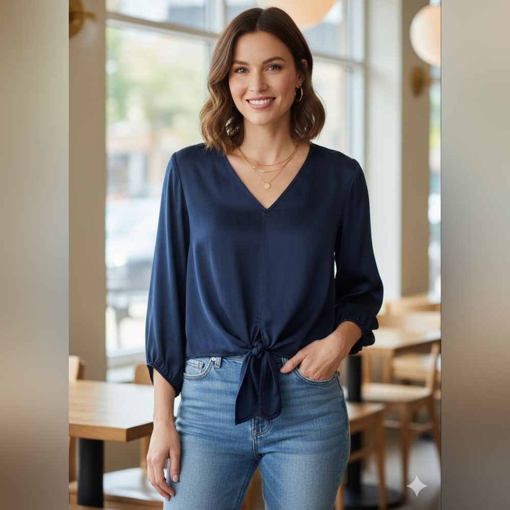 Vince Camuto Satin Tie-Front V-Neck Navy Blouse
